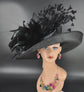 Church Kentucky Derby Hat Carriage Tea Party Wedding Wide Brim Sinamay Hat Black