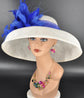 White with Royal Blue Feather Wide Brim Sinamay Derby Hat, Statement Hat, Hepburn Style Hat, Ascot Fascinator for Wedding, Church, Tea Party