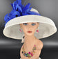 Wide Brim Sinamay Kentucky Derby Hat: White（primary Color) w Royal Blue Feather Dome( Feather Flower Color）