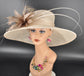 Champagne ( Base Hat) w Taupe (Feather Flower Color) Wide Brim Sinamay Hat: Royal Ascot, Kentucky Derby