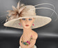 Champagne ( Base Hat) w Taupe (Feather Flower Color) Wide Brim Sinamay Hat: Royal Ascot, Kentucky Derby
