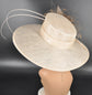 Champagne ( Base Hat) w Taupe (Feather Flower Color) Wide Brim Sinamay Hat: Royal Ascot, Kentucky Derby
