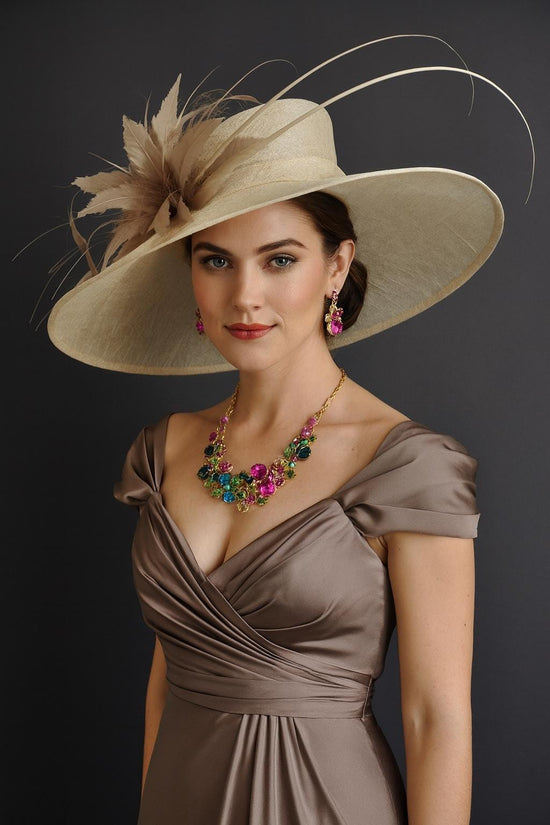 Champagne ( Base Hat) w Taupe (Feather Flower Color) Wide Brim Sinamay Hat: Royal Ascot, Kentucky Derby