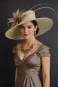 Champagne ( Base Hat) w Taupe (Feather Flower Color) Wide Brim Sinamay Hat: Royal Ascot, Kentucky Derby