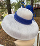 Wide Brim Sinamay Kentucky Derby Hat: White（primary Color) w Royal Blue Feather Dome( Feather Flower Color）