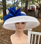 Wide Brim Sinamay Kentucky Derby Hat: White（primary Color) w Royal Blue Feather Dome( Feather Flower Color）