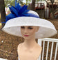Wide Brim Sinamay Kentucky Derby Hat: White（primary Color) w Royal Blue Feather Dome( Feather Flower Color）