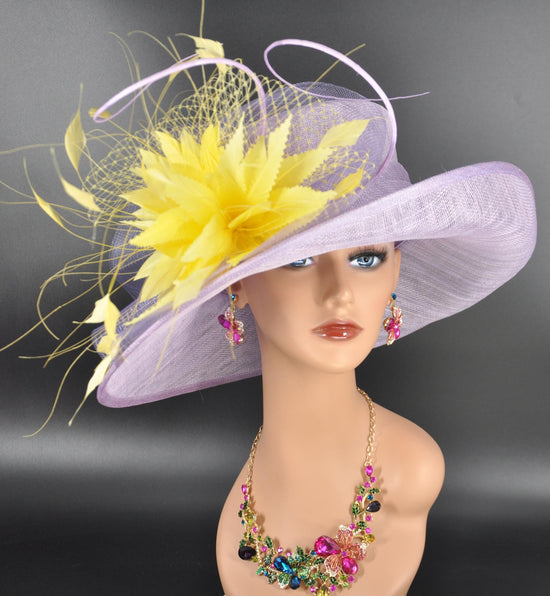 Lilac w Yellow Kentucky Derby Hat: Feather Flower Ostrich Quill Sinamay Church Hat
