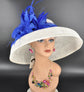 White with Royal Blue Feather Wide Brim Sinamay Derby Hat, Statement Hat, Hepburn Style Hat, Ascot Fascinator for Wedding, Church, Tea Party