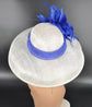 White with Royal Blue Feather Wide Brim Sinamay Derby Hat, Statement Hat, Hepburn Style Hat, Ascot Fascinator for Wedding, Church, Tea Party