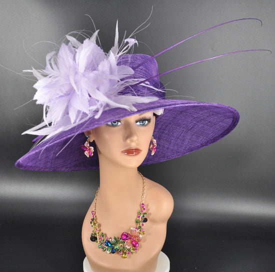 Purple+Lavender Feather Flower( More color options ) Wide Brim Sinamay Hat Kentucky Derby Hat Carriage Tea Party Wedding Mother of bride hat