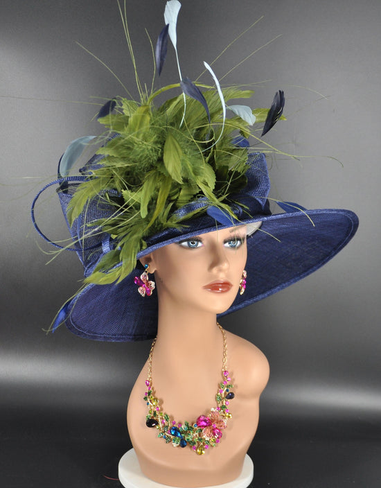 Wide Brim Sinamay Kentucky Derby Hat: Navy Blue w Olive Green Light Blue  Feather Flower Church Hat