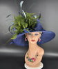 Wide Brim Sinamay Kentucky Derby Hat: Navy Blue w Olive Green Light Blue  Feather Flower Church Hat