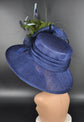 Wide Brim Sinamay Kentucky Derby Hat: Navy Blue w Olive Green Light Blue  Feather Flower Church Hat