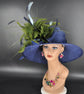 Wide Brim Sinamay Kentucky Derby Hat: Navy Blue w Olive Green Light Blue  Feather Flower Church Hat