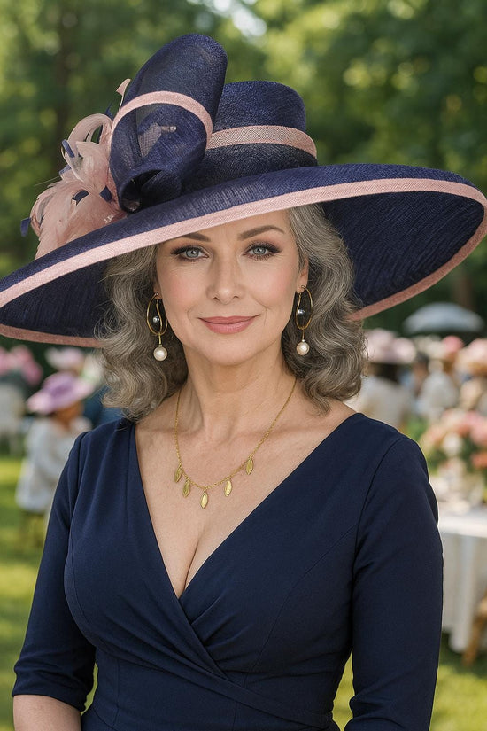 Navy Blue w Blush/Dusty Pink Feather Hat, Kentucky Derby, Tea Party, Wedding, Church, Royal Ascot  Wide Brim Sinamay Hat Oaks Day Hat