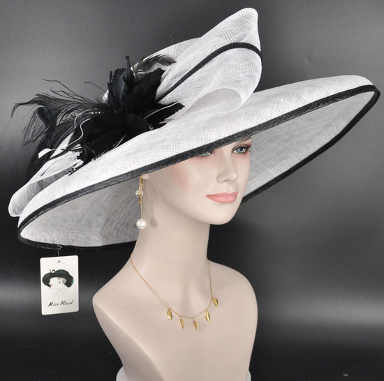White w Black Feather Hat, Kentucky Derby, Tea Party, Wedding, Church, Royal Ascot  Wide Brim Sinamay Hat Oaks Day Hat