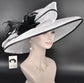 White w Black Feather Hat, Kentucky Derby, Tea Party, Wedding, Church, Royal Ascot  Wide Brim Sinamay Hat Oaks Day Hat