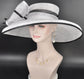 White w Black Feather Hat, Kentucky Derby, Tea Party, Wedding, Church, Royal Ascot  Wide Brim Sinamay Hat Oaks Day Hat
