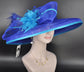 Royal Blue w Teal Blue Feather Hat, Kentucky Derby, Tea Party, Wedding, Church, Royal Ascot  Wide Brim Sinamay Hat Oaks Day Hat