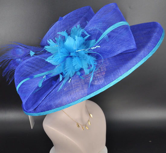 Royal Blue w Teal Blue Feather Hat, Kentucky Derby, Tea Party, Wedding, Church, Royal Ascot  Wide Brim Sinamay Hat Oaks Day Hat