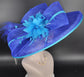 Royal Blue w Teal Blue Feather Hat, Kentucky Derby, Tea Party, Wedding, Church, Royal Ascot  Wide Brim Sinamay Hat Oaks Day Hat