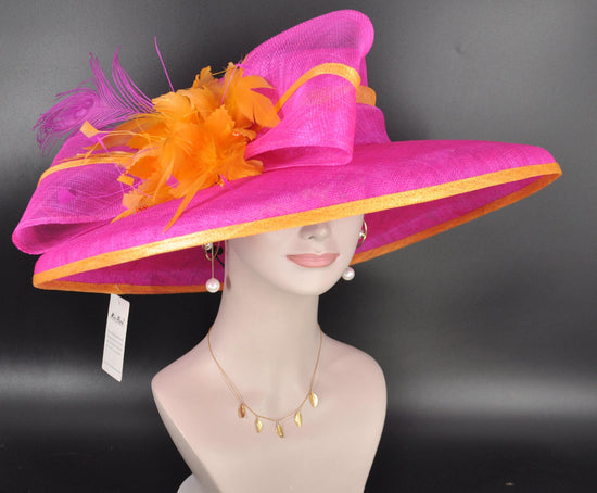 Oaks Day Hat Fuchsia Pink w Orange Feather Hat, Kentucky Derby, Tea Party, Wedding, Church, Royal Ascot Headpiece Wide Brim Sinamay Hat
