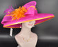 Oaks Day Hat Fuchsia Pink w Orange Feather Hat, Kentucky Derby, Tea Party, Wedding, Church, Royal Ascot Headpiece Wide Brim Sinamay Hat