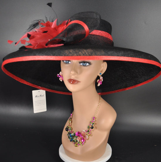 Oaks Day Hat Black w Red Feather Hat, Kentucky Derby, Tea Party, Wedding, Church, Royal Ascot Headpiece Wide Brim Sinamay Hat