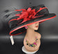 Oaks Day Hat Black w Red Feather Hat, Kentucky Derby, Tea Party, Wedding, Church, Royal Ascot Headpiece Wide Brim Sinamay Hat