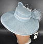Oaks Day Hat Powder Blue w White  Feather Hat, Kentucky Derby, Tea Party, Wedding, Church, Royal Ascot Headpiece Wide Brim Sinamay Hat
