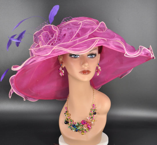 New Kentucky Derby, Church, Wedding, Tea Party with Big Bow & Flower 7" Wide Brim Organza Hat (Violet  w purple)
