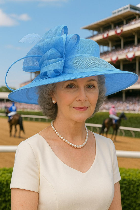 Elegant Light Blue Sinamay Derby Hat, Wide Brim Fascinator for Kentucky Derby, Wedding Guest Hat, Tea Party Hat, Ascot Hat for Women