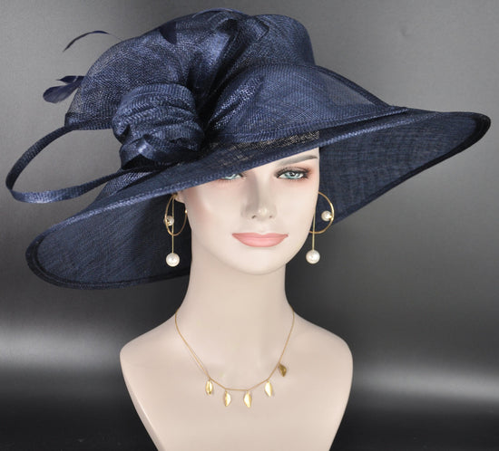 Elegant Navy Blue Sinamay Derby Hat, Wide Brim Fascinator for Kentucky Derby, Wedding Guest Hat, Tea Party Hat, Ascot Hat for Women