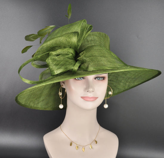 Elegant Olive Green Sinamay Derby Hat, Wide Brim Fascinator for Kentucky Derby, Wedding Guest Hat, Tea Party Hat, Ascot Hat for Women
