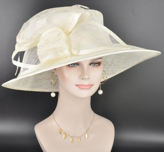 Elegant Off White/ Ivory Sinamay Derby Hat, Wide Brim Fascinator for Kentucky Derby, Wedding Guest Hat, Tea Party Hat, Ascot Hat  For Women