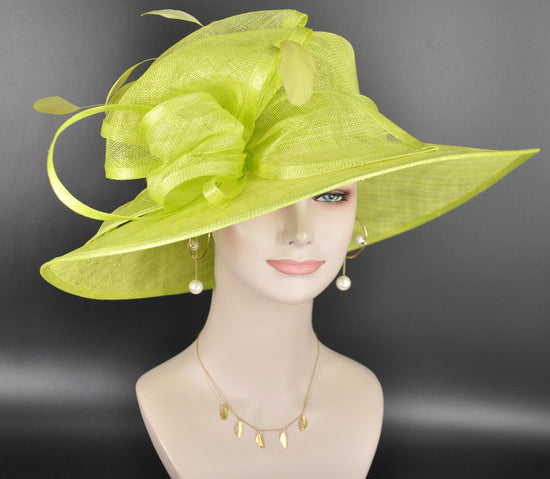 Elegant Lime Green Sinamay Derby Hat, Wide Brim Fascinator for Kentucky Derby, Wedding Guest Hat, Tea Party Hat, Ascot Hat  For Women