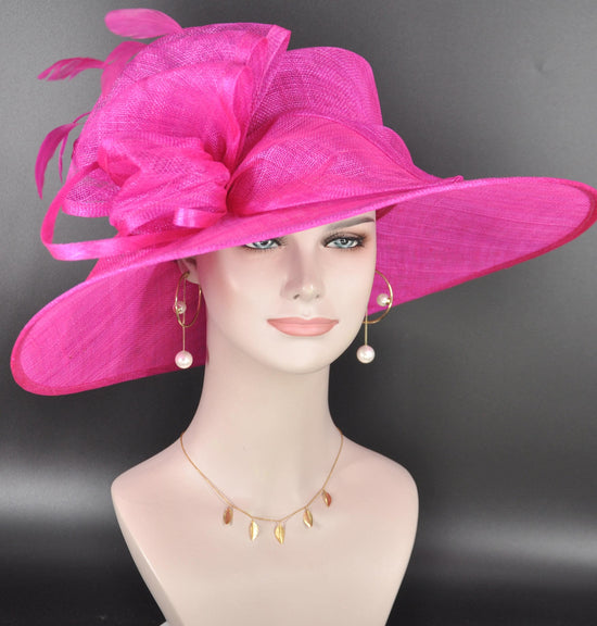 Elegant Fuchsia Pink Sinamay Derby Hat, Wide Brim Fascinator for Kentucky Derby, Wedding Guest Hat, Tea Party Hat, Ascot Hat  For Women