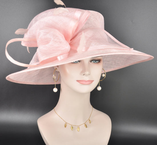 Elegant Baby Pink Sinamay Derby Hat, Wide Brim Fascinator for Kentucky Derby, Wedding Guest Hat, Tea Party Hat, Ascot Hat  For Women