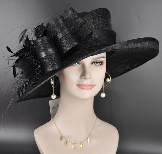 Black Kentucky Derby Hat, Wide Brim Sinamay Hat  for Women, Royal Ascot Hat, Tea Party Hat, Wedding Guest Hat, Spring Racing Hat