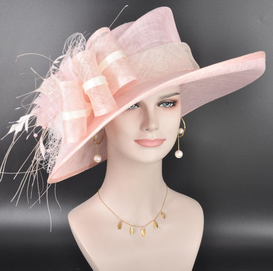 Baby Pink Ivory Off White Wide Brim Kentucky Derby Hat, Ascot Hat for Wedding & Tea Party, Garden Party Hat, Mother of the Bride, Church
