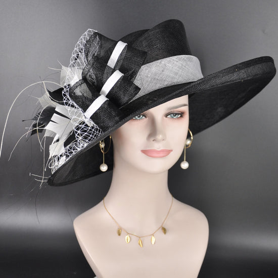 Black w White Kentucky Derby Hat, Wide Brim Sinamay Hat  Royal Ascot Hat, Tea Party Hat, Wedding Guest Hat, Spring Racing Hat