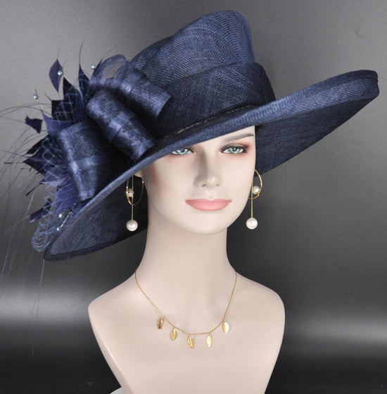 Navy Blue Kentucky Derby Hat, Wide Brim Sinamay Hat  Royal Ascot Hat, Tea Party Hat, Wedding Guest Hat, Spring Racing Hat