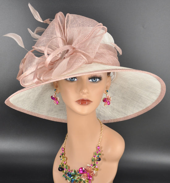 White Dusty Blush Pink  Wide Brim Sinamay Hat for Kentucky Derby, Ascot Racing Hat, Elegant Wedding Guest Hat, Mother of the Bride Hat