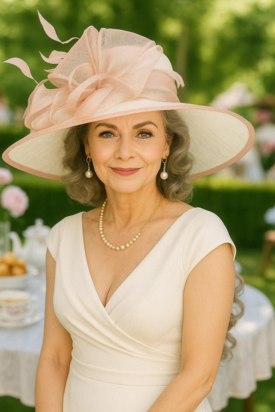 Wide Brim Sinamay Kentucky Derby Hat: Blush Pink Feather Church Hat