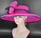 Fuchsia Pink w Navy Blue Feather Hat, Kentucky Derby, Tea Party, Wedding, Church, Royal Ascot  Wide Brim Sinamay Hat Oaks Day Hat