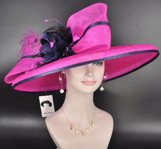 Fuchsia Pink w Navy Blue Feather Hat, Kentucky Derby, Tea Party, Wedding, Church, Royal Ascot  Wide Brim Sinamay Hat Oaks Day Hat