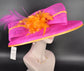 Oaks Day Hat Fuchsia Pink w Orange Feather Hat, Kentucky Derby, Tea Party, Wedding, Church, Royal Ascot Headpiece Wide Brim Sinamay Hat