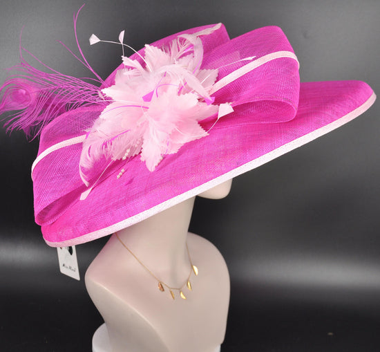 Oaks Day Hat Fuchsia Pink w Pink Feather Hat, Kentucky Derby, Tea Party, Wedding, Church, Royal Ascot Headpiece Wide Brim Sinamay Hat
