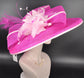 Oaks Day Hat Fuchsia Pink w Pink Feather Hat, Kentucky Derby, Tea Party, Wedding, Church, Royal Ascot Headpiece Wide Brim Sinamay Hat